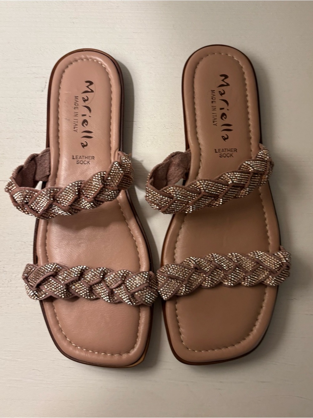 Mariella Italian Leather Rhinestone Braided Flat Slide Sandals Size 8M